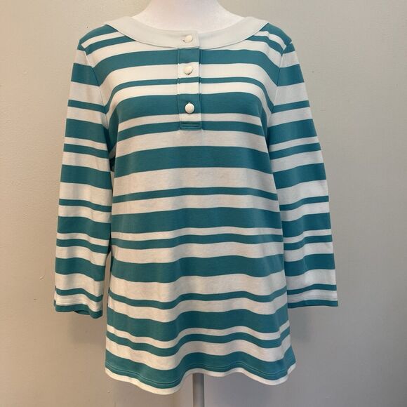 Talbots Teal Blue White Striped Henley Button Shirt Top Tunic Large Pima Cotton - Picture 1 of 4